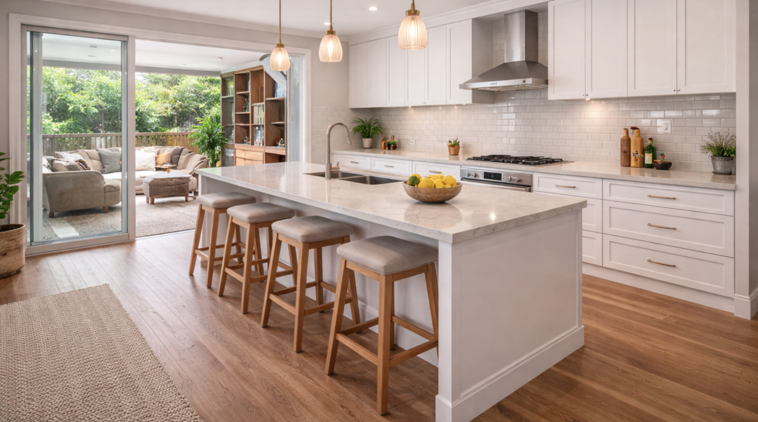 white lit up kitchen, wooden stools, lemons in a bowl