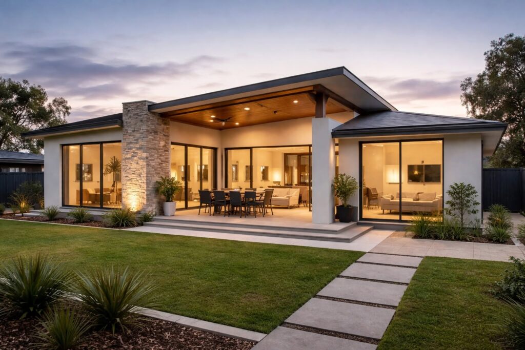 Newly built modern house in Shepparton. Lights on, green grass, twilight sky