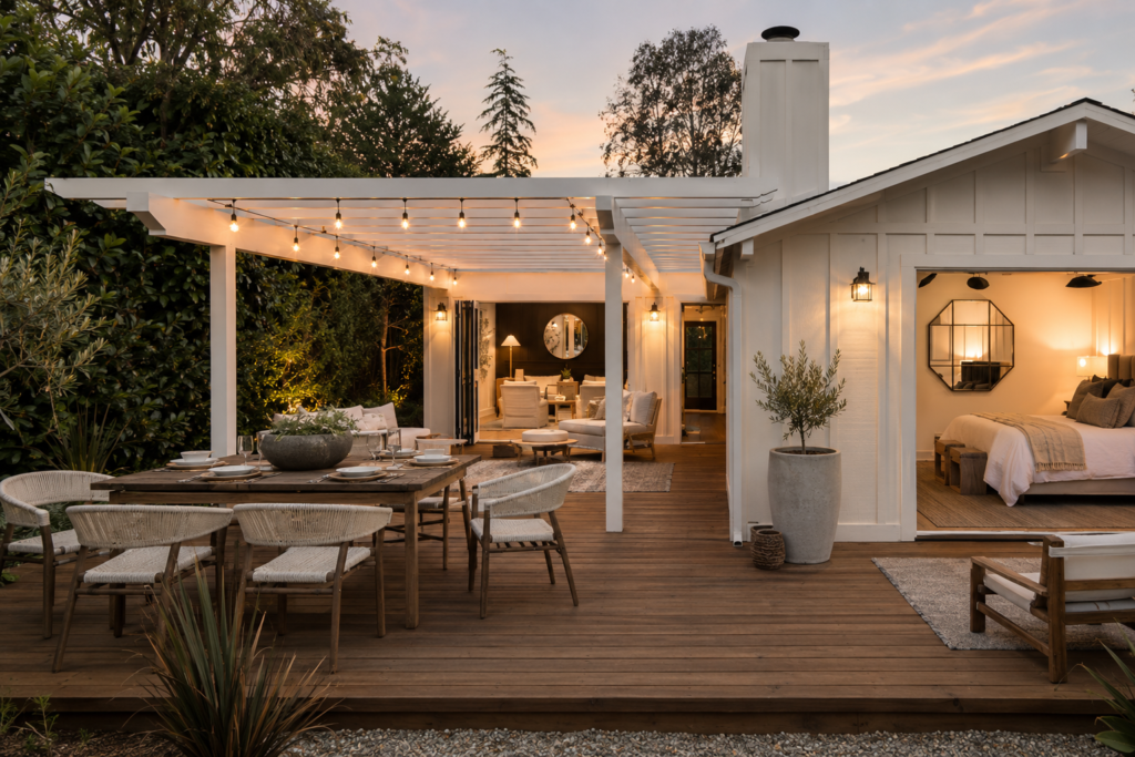 Newly renovated home and deck. White house