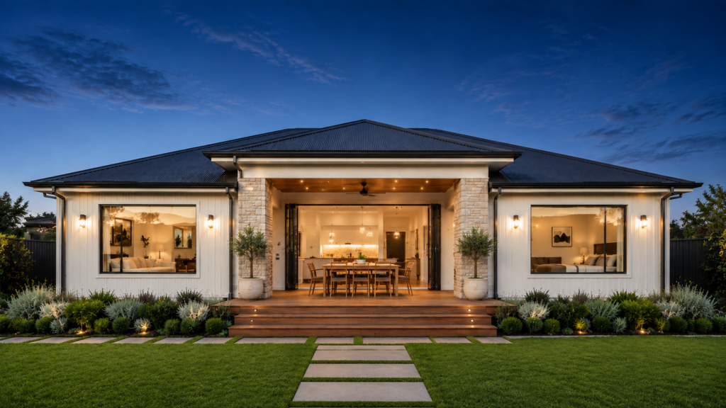 Modern Australian home renovation with a contemporary front facade, landscaped garden, timber accents and bright blue sky.