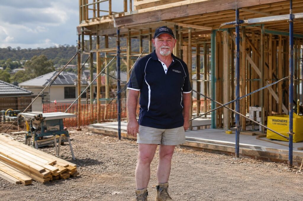 Gavin from Roweanne Builders on a Shepparton building site with the frame and scaffolding up